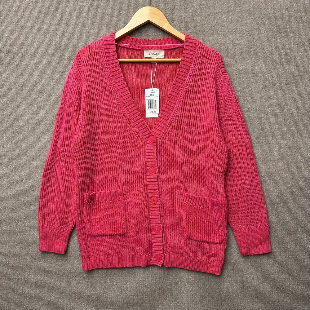 L*Space Seeing Double Pink Orange V Neck Ribbed Knit Pocket Cardigan XS/S NWT